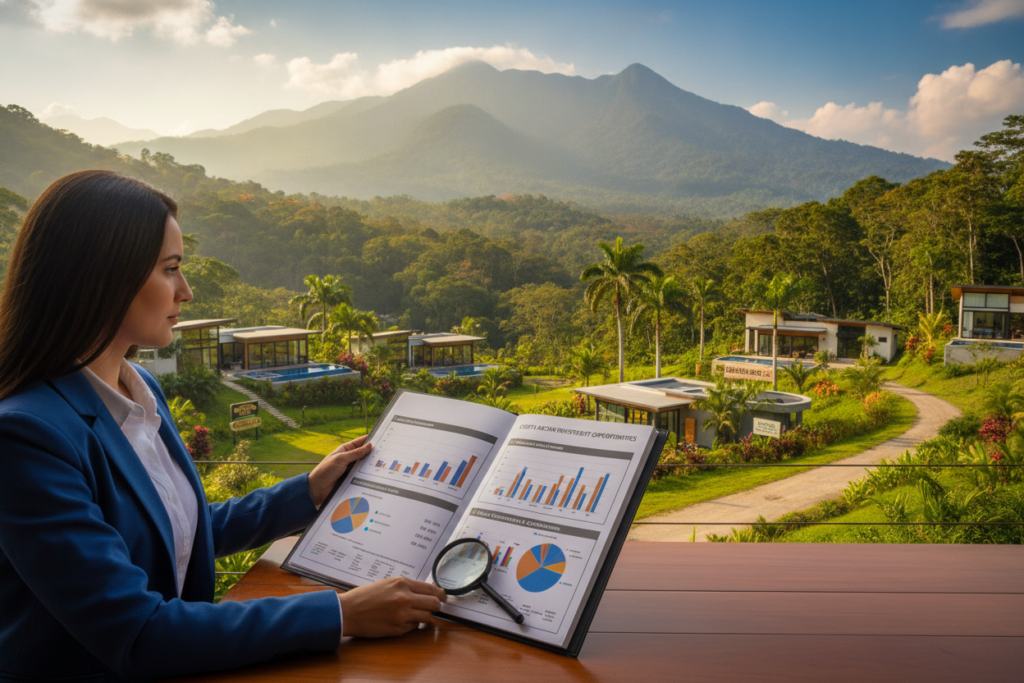 A photorealistic depiction of investment options and their costs in a serene Costa Rican setting. In the foreground, a professional businesswoman in smart attire studies a detailed portfolio featuring charts and graphs on varying investment types like real estate, business ventures, and nature conservation projects. In the middle ground, a lush tropical landscape showcases vibrant greenery, with elegant residential properties and small commercial businesses reflecting investment opportunities. The background features the stunning silhouette of Costa Rica’s mountains under a bright, sunny sky. Natural light bathes the scene, creating a warm and inviting atmosphere. The lens captures a slight depth of field, focusing on the portfolio while softly blurring the natural beauty surrounding it, evoking an inspiring mood for potential investors.