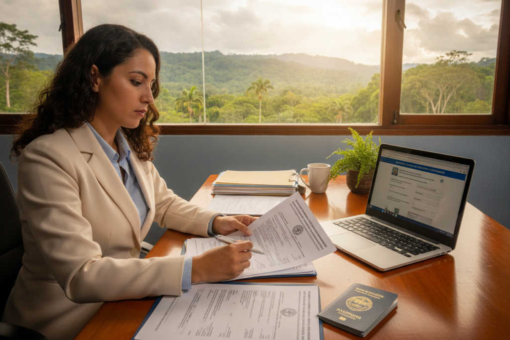 A photorealistic depiction of the Costa Rica certification of "movimientos migratorios" process, featuring a serene office environment. In the foreground, a professional in business attire is seated at a desk, reviewing official documents, with a focused expression. The middle layer showcases a desktop with various paperwork, a passport, and a computer displaying relevant information. In the background, a large window reveals lush green Costa Rican landscapes, emphasizing the natural beauty of the country. Soft, natural light filters in, creating a warm and inviting atmosphere. The camera angle is slightly elevated, capturing the scene in a clear, detailed manner. The overall mood is professional and informative, suitable for illustrating the migration certification process.