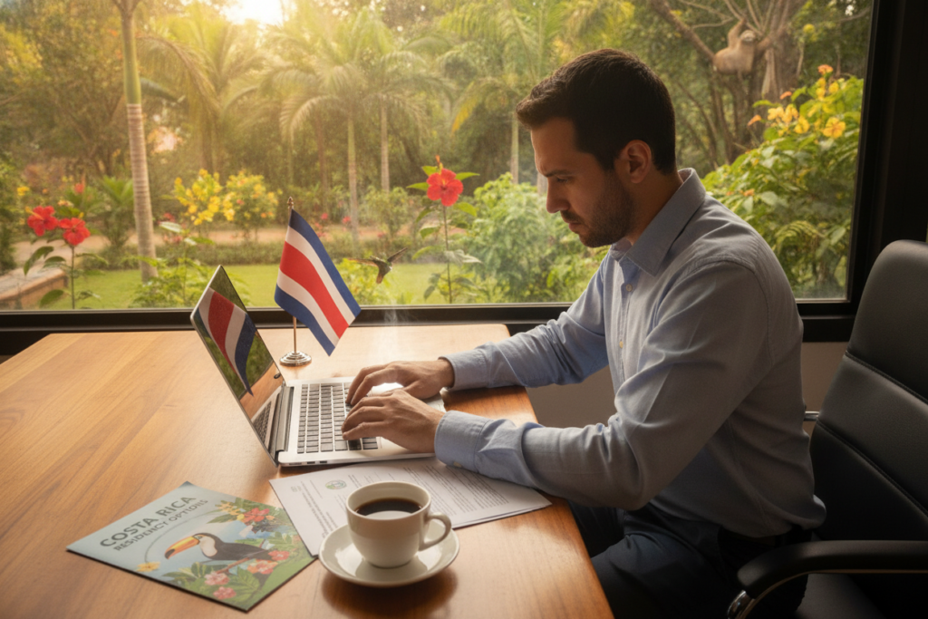 A photorealistic depiction of the Costa Rica residency application process. In the foreground, an individual dressed in smart casual attire is seated at a wooden desk with a laptop, reviewing documents; their focused expression conveys determination. In the middle, the desk is adorned with a Costa Rican flag, a brochure about residency options, and a cup of coffee. The background features a view of a bright, tropical garden visible through a large window, highlighting Costa Rica's rich greenery and biodiversity. Soft, natural light filters through the window, creating a warm and inviting atmosphere. The angle is slightly above eye level, giving a clear view of the workspace and the serene garden backdrop, encouraging a sense of hope and possibility in the residency journey.