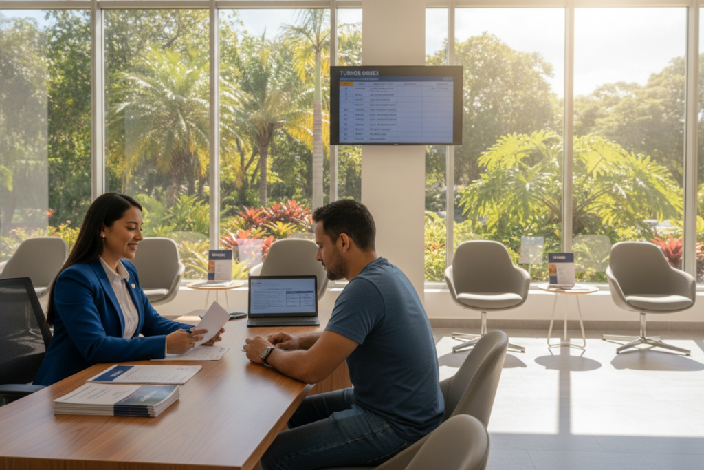 A photorealistic depiction of the DIMEX card appointment process in a modern Costa Rican government office. In the foreground, a friendly government employee in professional business attire is seated at a desk, guiding a person dressed in modest casual clothing through the appointment paperwork. The middle ground features a sleek waiting area with individual seating and informational pamphlets about the DIMEX card. In the background, large windows let in ample natural light, illuminating tropical plants visible outside. The atmosphere is calm and focused, reflecting a sense of efficiency and professionalism, with soft shadows and warm lighting to create an inviting scene.