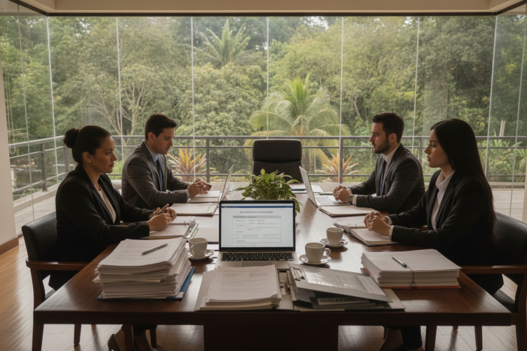 A photorealistic depiction of the residency application process, showcasing a serene Costa Rican office setting. In the foreground, a diverse group of individuals in professional and smart casual attire, engaged in serious discussion around a table covered with application documents, laptops, and pens. The middle ground features an open laptop displaying a residency application form, alongside coffee cups and a plant for a touch of warmth. Natural light filters in through large windows, casting soft shadows on the polished wooden floor, enhancing the focus on the intensity and seriousness of the process. In the background, lush greenery is visible through the windows, complementing the calm yet focused atmosphere that highlights the emotional weight of application rejections. A photorealistic depiction of the residency application process, showcasing a serene Costa Rican office setting. In the foreground, a diverse group of individuals in professional and smart casual attire, engaged in serious discussion around a table covered with application documents, laptops, and pens. The middle ground features an open laptop displaying a residency application form, alongside coffee cups and a plant for a touch of warmth. Natural light filters in through large windows, casting soft shadows on the polished wooden floor, enhancing the focus on the intensity and seriousness of the process. In the background, lush greenery is visible through the windows, complementing the calm yet focused atmosphere that highlights the emotional weight of application rejections.