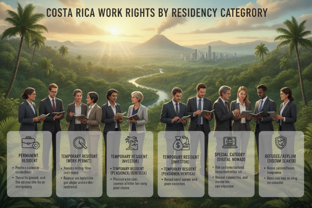A photorealistic illustration depicting "Costa Rica Work Rights by Residency Category." In the foreground, a diverse group of individuals representing various residency categories, dressed in professional business attire, engaged in discussion. The middle ground features a picturesque Costa Rican landscape, showcasing lush greenery and iconic elements like palm trees and rolling hills. The background includes a vibrant sky with soft, natural lighting suggesting early morning, creating a warm and inviting atmosphere. The scene conveys a sense of collaboration and professionalism, with a focus on the work rights theme, while the people's expressions reflect curiosity and engagement in the topic.