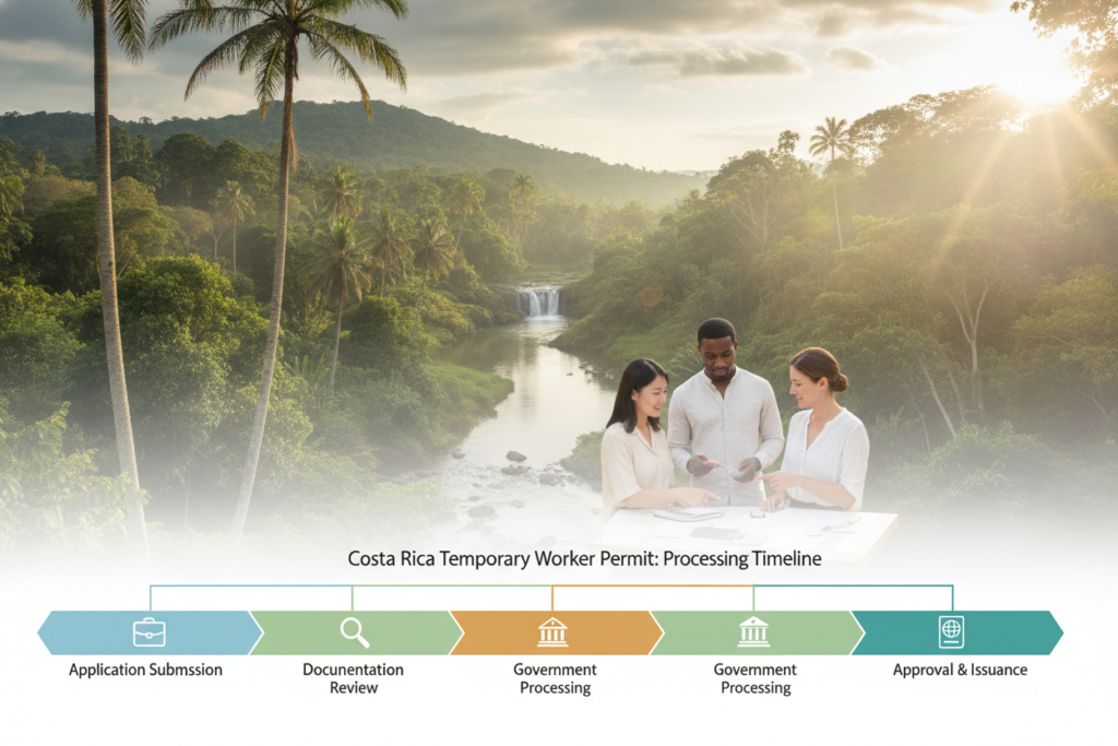 A photorealistic illustration depicting a timeline of processing steps for a Costa Rica Temporary Worker Permit. In the foreground, a beautifully designed timeline chart with clear segments representing different stages such as application submission, processing, and approval. The middle ground features a serene Costa Rican landscape with lush greenery, palm trees, and a gentle river, reflecting the country's natural beauty. In the background, a bright sky with soft clouds and warm sunlight creates an inviting atmosphere. Include casually dressed individuals, representing diverse cultures, discussing the timeline with a sense of anticipation and professionalism. Use natural lighting to enhance the peaceful yet productive mood of the scene, with a slight lens flare to indicate sunlight filtering through the trees.