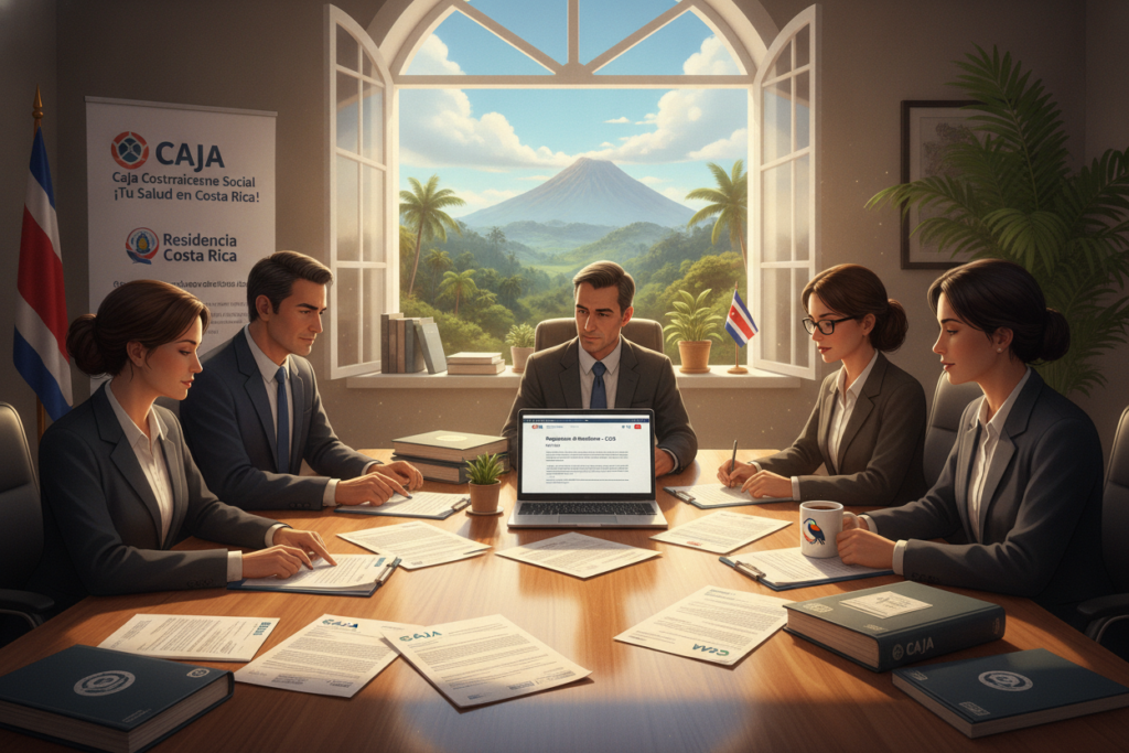 A photorealistic illustration depicting the Caja enrollment process for residency in Costa Rica. In the foreground, a diverse group of individuals, dressed in professional business attire, is engaged in discussions around a table piled with paperwork and forms, symbolizing the enrollment process. In the middle, a bright window allows natural light to stream in, highlighting a variety of official documents and a laptop displaying relevant information about residency requirements. The background features a glimpse of a Costa Rican landscape, with lush greenery and a clear blue sky, adding a sense of place and context. The overall atmosphere is one of collaboration and professionalism, emphasizing the importance of understanding the basics of the enrollment process while capturing the essence of Costa Rica. A photorealistic illustration depicting the Caja enrollment process for residency in Costa Rica. In the foreground, a diverse group of individuals, dressed in professional business attire, is engaged in discussions around a table piled with paperwork and forms, symbolizing the enrollment process. In the middle, a bright window allows natural light to stream in, highlighting a variety of official documents and a laptop displaying relevant information about residency requirements. The background features a glimpse of a Costa Rican landscape, with lush greenery and a clear blue sky, adding a sense of place and context. The overall atmosphere is one of collaboration and professionalism, emphasizing the importance of understanding the basics of the enrollment process while capturing the essence of Costa Rica.