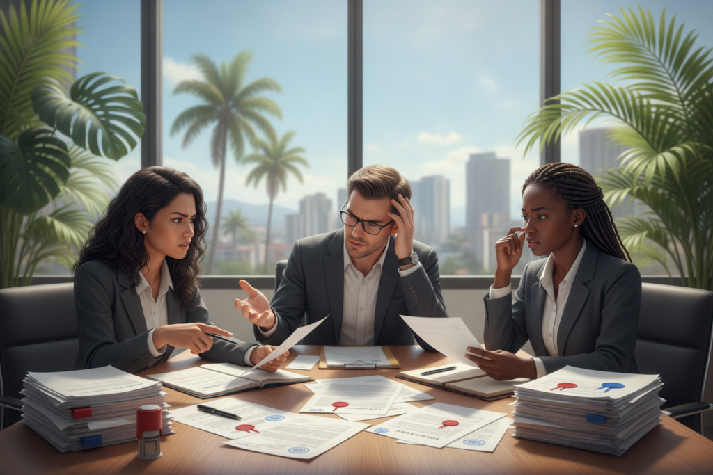 A photorealistic illustration depicting the common challenges faced with notarized documents for immigration in Costa Rica. In the foreground, a diverse group of three professionals in business attire (a woman of Latin descent, a Caucasian man, and a Black woman) are gathered around a table cluttered with various documents, including notarized papers, stamps, and pens. Their expressions convey confusion and concern as they discuss the requirements. In the middle, the table is set in a bright, modern office space featuring tropical plants and large windows letting in natural light, reflecting the vibrant Costa Rican landscape outside. In the background, a blurred view of a cityscape with palm trees and a clear blue sky enhances the atmosphere, emphasizing the setting. The overall mood is one of collaboration and challenge in a professional environment.