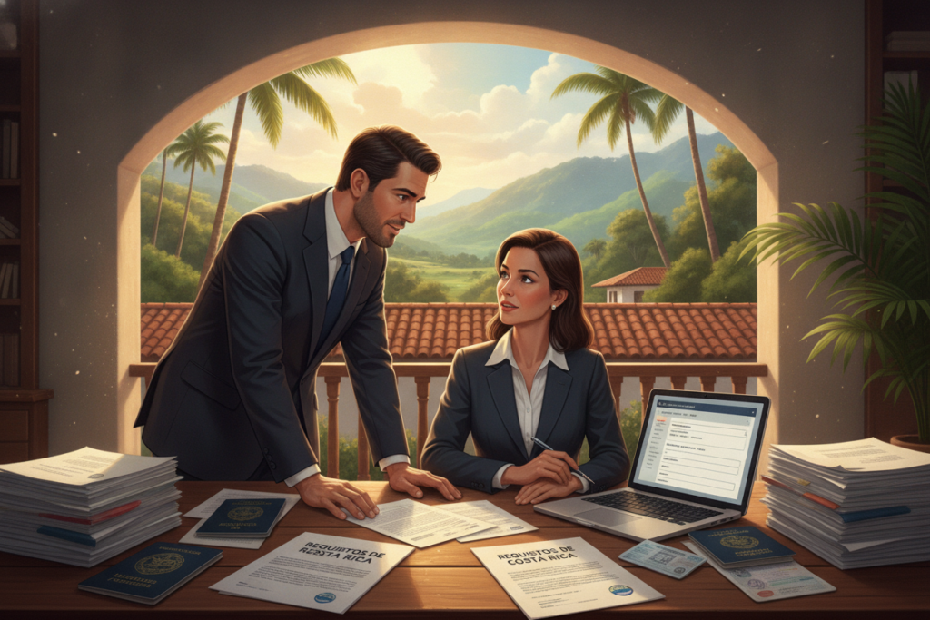 A photorealistic illustration depicting the requirements for residency categories in Costa Rica. In the foreground, a table is filled with official documents, identification papers, and a laptop, symbolizing the application process. The middle ground features two professionals, one male and one female, dressed in business attire, discussing the residency categories and reviewing documents together. In the background, a vibrant Costa Rican landscape showcases lush greenery and the outline of characteristic architecture, adding a sense of place and culture. Natural light filters through a window, creating a warm, inviting atmosphere. The mood is focused and professional, emphasizing the importance of understanding residency requirements in a serene setting.