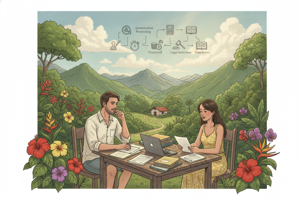 A photorealistic illustration depicting the various factors influencing residency timelines in Costa Rica. In the foreground, a casually dressed couple, sitting at a wooden table with paperwork scattered around, thoughtfully examining their residency documents. In the middle ground, a vibrant Costa Rican landscape features a mix of green mountains and tropical foliage, with colorful flowers in bloom, symbolizing the beauty of the country. In the background, a serene sky with soft clouds reflects natural light, enhancing the overall warmth of the scene. The atmosphere conveys both hope and frustration, embodying the complexities of the residency process, while capturing the essence of Costa Rica’s natural charm and cultural richness. A photorealistic illustration depicting the various factors influencing residency timelines in Costa Rica. In the foreground, a casually dressed couple, sitting at a wooden table with paperwork scattered around, thoughtfully examining their residency documents. In the middle ground, a vibrant Costa Rican landscape features a mix of green mountains and tropical foliage, with colorful flowers in bloom, symbolizing the beauty of the country. In the background, a serene sky with soft clouds reflects natural light, enhancing the overall warmth of the scene. The atmosphere conveys both hope and frustration, embodying the complexities of the residency process, while capturing the essence of Costa Rica’s natural charm and cultural richness.