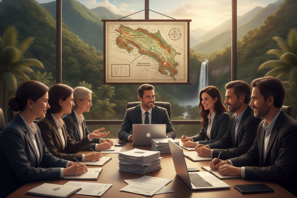 A photorealistic illustration of the Costa Rican residency process, showcasing a professional setting. In the foreground, a diverse group of individuals, dressed in smart business attire, are seated at a table with documents and laptops, engaged in discussion. The middle ground features a detailed map of Costa Rica, highlighting key locations related to residency, such as immigration offices and popular expat areas. The background shows a scenic view of lush Costa Rican landscapes, including mountains and tropical plants, bathed in warm, natural light. The atmosphere conveys a sense of collaboration and hope, symbolizing the journey towards residency. The image composition should be clear and well-lit, shot from a slightly elevated angle to capture the dynamic interaction among the people involved.