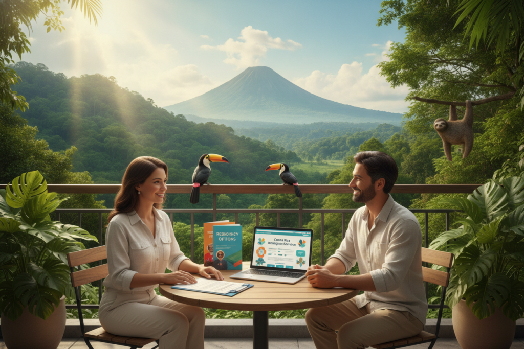 A photorealistic illustration of the residency process in Costa Rica. In the foreground, a friendly consultant in casual, professional attire interacts with a diverse couple, discussing immigration documents and options at a cozy outdoor café adorned with tropical plants. The middle ground features a stack of colorful brochures titled “Residency Options” and an open laptop displaying an immigration website, symbolizing expert guidance. In the background, vibrant scenes of Costa Rican landscapes with lush greenery and iconic wildlife are visible, under a bright, sunny sky with natural light filtering through. The mood is inviting and informative, evoking a sense of warmth and reassurance for newcomers seeking residency in Costa Rica.