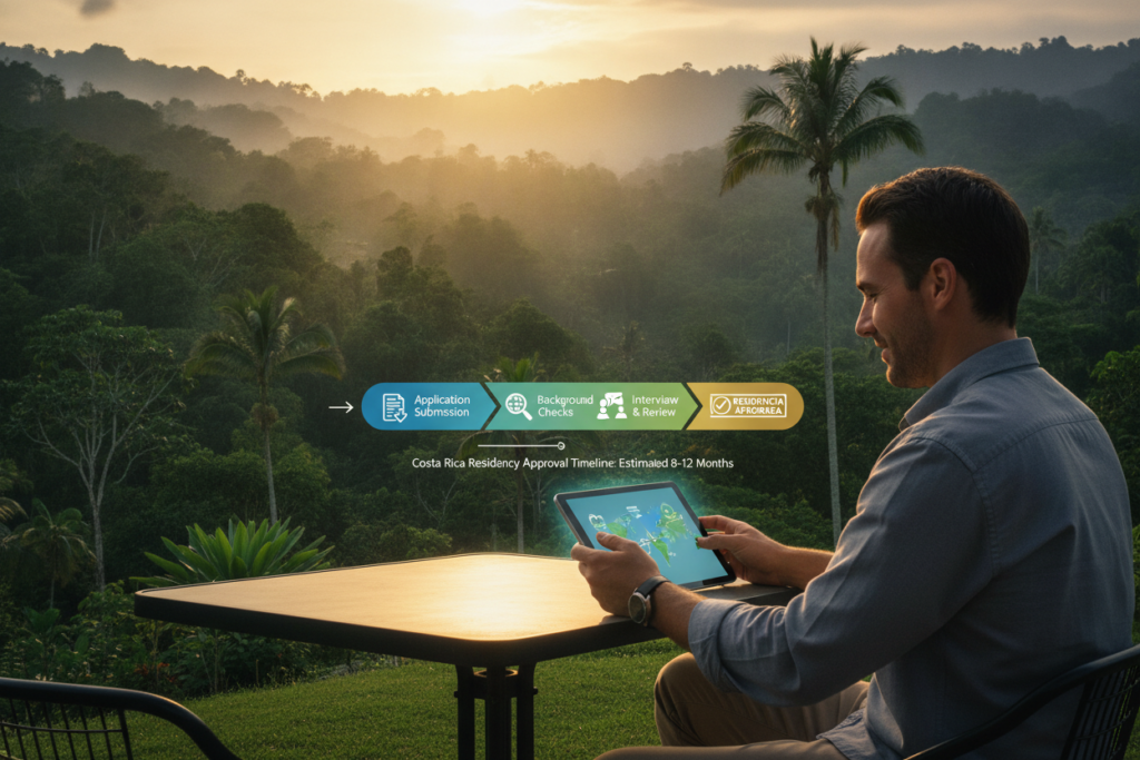 A photorealistic illustration representing the "Costa Rica Residency Approval Timeline." The foreground features a professional individual, casually dressed, examining a digital timeline on a tablet, looking focused and optimistic. The middle layer showcases a visually appealing timeline design with distinct sections symbolizing different stages of the residency approval process, such as application submission, background checks, and final approval, each illustrated with icons. The background includes lush Costa Rican scenery, with verdant hills and palm trees, under soft natural sunlight that casts a warm ambiance. The angle is slightly elevated, providing a comprehensive view of the scene while maintaining a sense of clarity and order, reflecting a hopeful and informative mood.