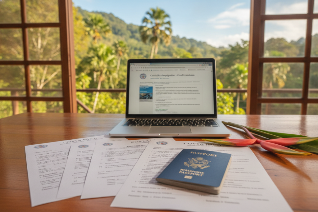 A photorealistic image depicting a neatly arranged Costa Rica Visa Extension Documentation spread on a wooden desk. In the foreground, there are various official documents, including forms, a passport, and an extension application, all laid out beside a tropical flower, reflecting the local culture. The middle ground features a laptop with an open webpage about visa procedures. In the background, a lush Costa Rican landscape can be seen through a window, showcasing vibrant green foliage and bright blue sky, capturing the natural beauty of the country. Soft, natural light illuminates the scene, creating a calm and inviting atmosphere, with the lens set to a slight angle to add depth. The overall mood conveys professionalism and clarity, ideal for understanding the visa extension process.