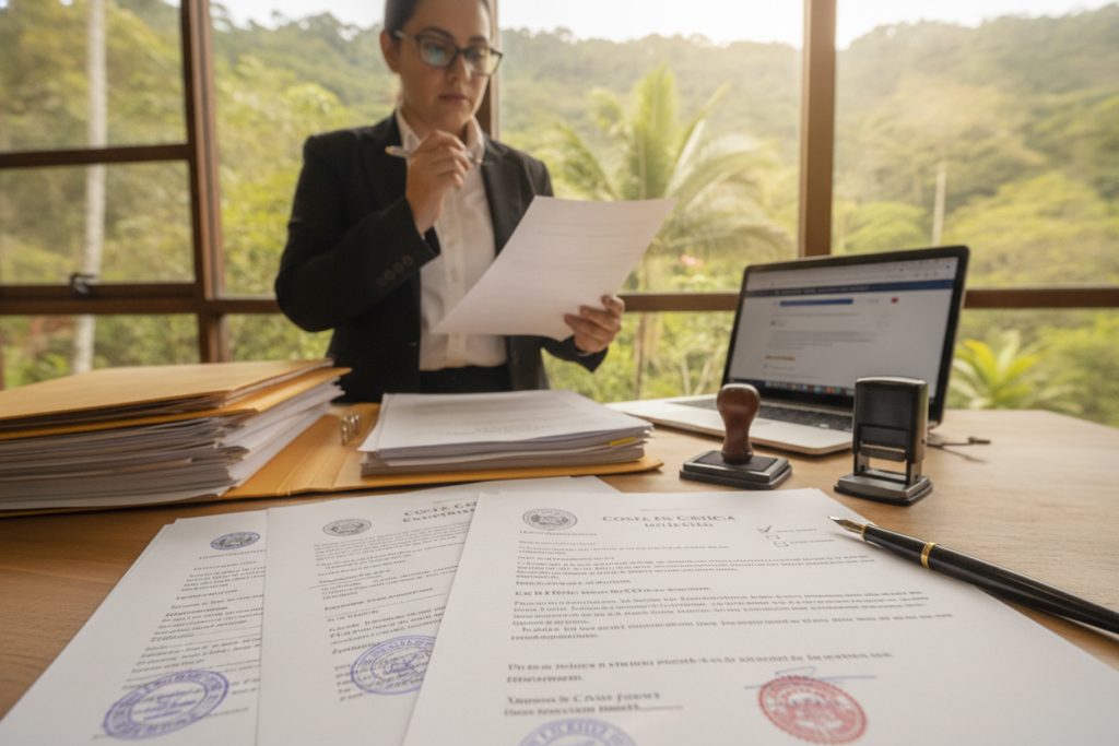 A photorealistic image depicting a professional in business attire, standing at a desk cluttered with various documents and a laptop, deep in thought as they navigate the document authentication process for Costa Rica residency. In the foreground, a close-up of essential residency documents, such as birth certificates and notarized letters, is visible. The middle ground features the individual actively reviewing paperwork, surrounded by an organized workspace filled with a notary's stamp, a pen, and a checklist. The background shows a window with natural light flooding in, revealing a glimpse of lush Costa Rican greenery outside. The overall mood conveys focus and determination, capturing the intricacies of legal paperwork in a serene, tropical environment.