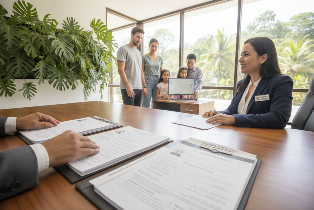 A photorealistic image depicting a serene and welcoming Costa Rica immigration office scene, showcasing essential documentation and residency requirements. In the foreground, a wooden desk is laden with a neatly organized stack of documents: residency applications, identification forms, and proof of financial stability. A pair of hands, dressed in professional attire, is sorting through the papers. In the middle ground, a friendly immigration officer, wearing formal business clothing, is assisting a diverse group of potential immigrants, including a couple and a family, each displaying curiosity and hope. The background features green tropical plants and large windows letting in natural light, creating an uplifting and positive atmosphere. The overall mood should convey a sense of clarity, organization, and support in navigating the immigration process.