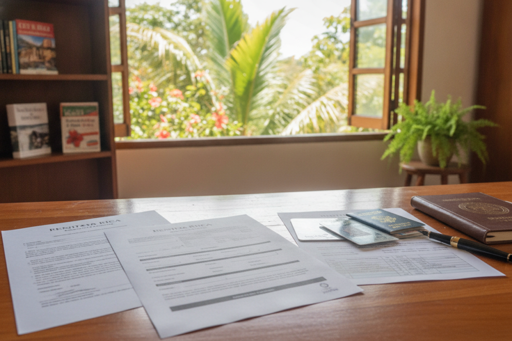 A photorealistic image depicting a serene workspace in Costa Rica, showcasing essential documentation for Rentista residency applications. In the foreground, a neatly organized wooden desk holds a variety of important papers, including application forms, financial statements, and identification documents, all arranged thoughtfully with a pen beside them. The middle ground features a picturesque window with lush tropical greenery outside, allowing natural light to illuminate the space, enhancing the warm, inviting atmosphere. In the background, soft-focus elements like a bookshelf with Costa Rican guides and a potted plant create a calm environment. The overall mood is professional yet relaxed, reflecting the essence of working remotely in a beautiful tropical setting.