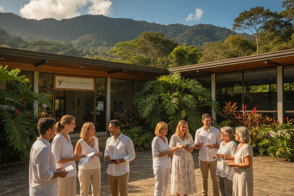 A photorealistic image depicting a vibrant Costa Rican healthcare facility. In the foreground, a diverse group of casually dressed individuals of various ages discusses healthcare options, embodying the theme of residency and access, showcasing professionalism and hope. In the middle, a welcoming healthcare building with tropical plants and an inviting entrance, symbolizing accessibility and community. The background features lush green mountains under a bright blue sky, representing Costa Rica's natural beauty. The scene is illuminated by warm, natural sunlight, creating a friendly and optimistic atmosphere. The composition is captured from a slightly elevated angle to provide a clear view of the interaction and facility, emphasizing the importance of residency for healthcare access.