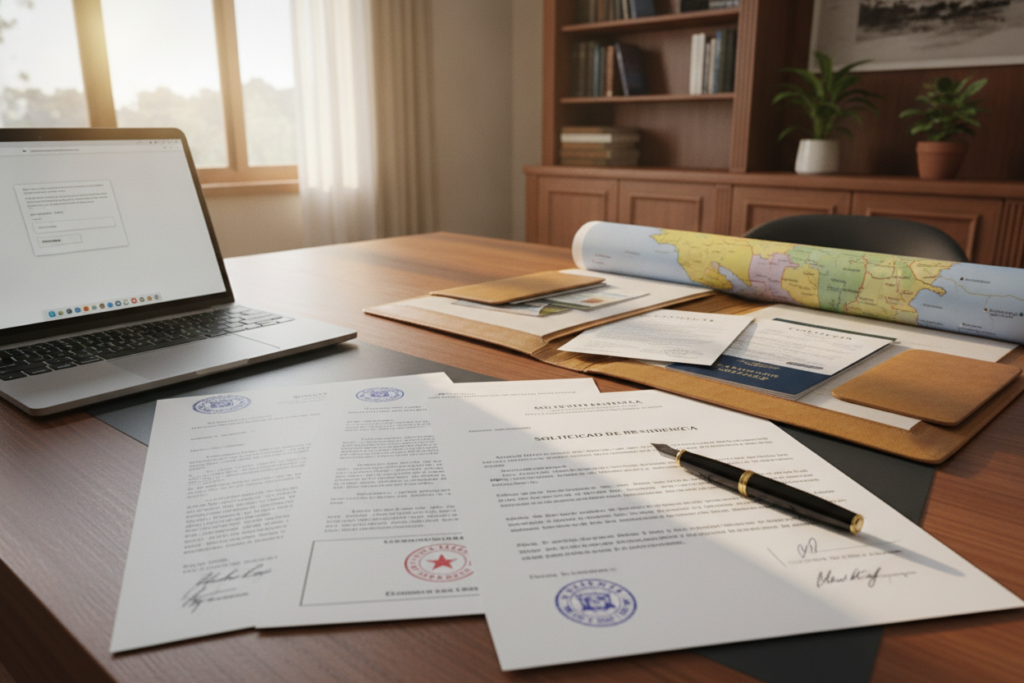 A photorealistic image depicting a well-organized desk scene featuring various unique documents and legal verifications related to residency in Costa Rica. In the foreground, showcase close-up shots of colorful, stamped documents, such as residency applications, birth certificates, and legal letters, arranged artfully around a laptop and a pen. In the middle, integrate a map of Costa Rica and an open folder displaying important papers. The background should present a warm, inviting office space with wooden textures, natural light streaming in through a window, illuminating the paperwork. Capture a sense of professionalism and clarity, conveying the importance of these documents in a relaxed setting. The atmosphere should be focused yet comfortable, reflecting the journey of preparing for residency in Costa Rica.