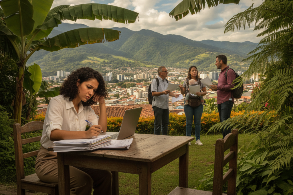 A photorealistic image depicting common challenges in residency renewal in Costa Rica. In the foreground, show a young professional, dressed in modest casual clothing, reviewing residency application documents with a concerned expression at an outdoor café table, surrounded by lush tropical plants. In the middle ground, feature a group of diverse individuals engaging in conversation while holding paperwork, symbolizing the communal aspect of the process. In the background, include a scenic view of Costa Rica’s iconic mountains and vibrant skyline under natural daylight, casting soft shadows. The mood should convey a sense of determination and collaboration, highlighting the challenges residents face navigating bureaucracy while remaining hopeful against a backdrop of natural beauty.