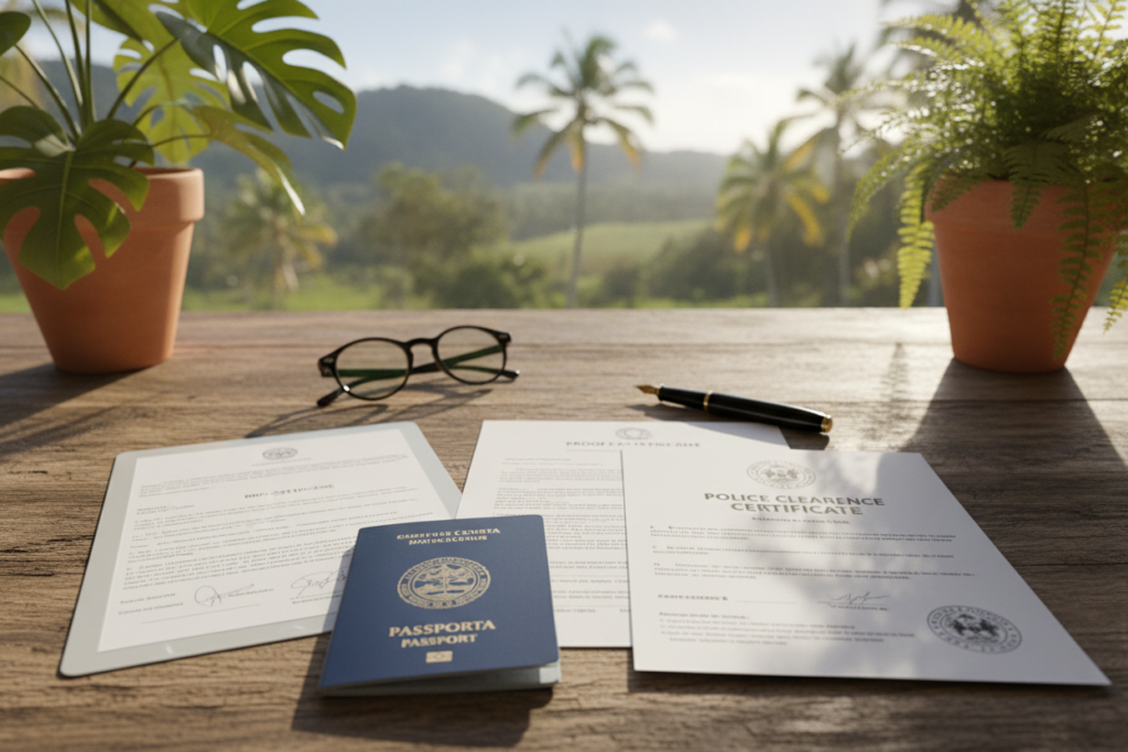 A photorealistic image depicting essential documentation for Costa Rica residency. In the foreground, a neatly arranged set of important papers including a passport, birth certificate, proof of income, and police clearance certificate, all placed on a rustic wooden table. In the middle ground, a pair of glasses and a pen hint at the application process, surrounded by tropical plants suggesting a serene atmosphere. In the background, soft-focus visuals of Costa Rica's lush landscape, with palm trees and a bright blue sky inviting a sense of tranquility and paradise. Soft, natural lighting enhances the warm tones of the scene, creating an inviting and hopeful mood for future residents. No human subjects are present, ensuring a focus on the documentation.