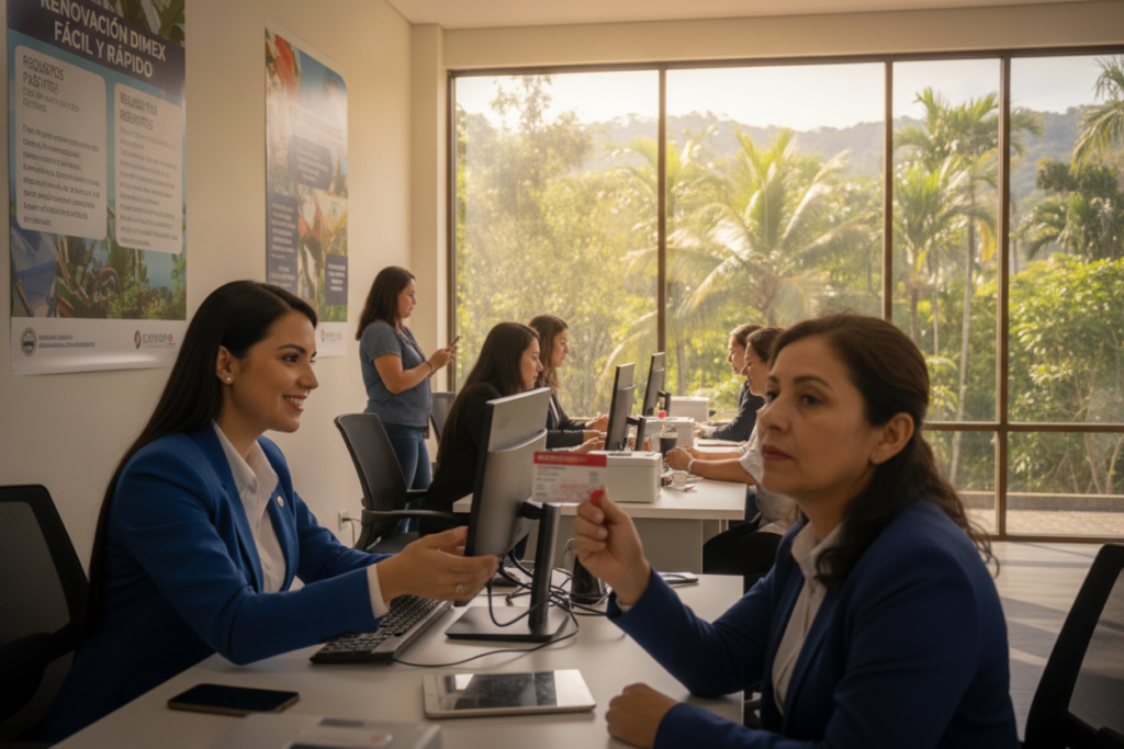 A photorealistic image depicting the DIMEX card renewal process in Costa Rica. In the foreground, a friendly government official, dressed in professional business attire, is assisting a middle-aged person holding their expired DIMEX card. In the middle ground, a bright and welcoming government office is visible, with posters about the DIMEX renewal process hanging on the walls. The background features large windows letting in natural light, showcasing the lush greenery of Costa Rica outside. The atmosphere should feel reassuring and efficient, embodying a sense of community service. The scene is captured with a soft focus, emphasizing the human interaction, while the overall lighting is warm and inviting, indicative of a tropical setting. A photorealistic image depicting the DIMEX card renewal process in Costa Rica. In the foreground, a friendly government official, dressed in professional business attire, is assisting a middle-aged person holding their expired DIMEX card. In the middle ground, a bright and welcoming government office is visible, with posters about the DIMEX renewal process hanging on the walls. The background features large windows letting in natural light, showcasing the lush greenery of Costa Rica outside. The atmosphere should feel reassuring and efficient, embodying a sense of community service. The scene is captured with a soft focus, emphasizing the human interaction, while the overall lighting is warm and inviting, indicative of a tropical setting.