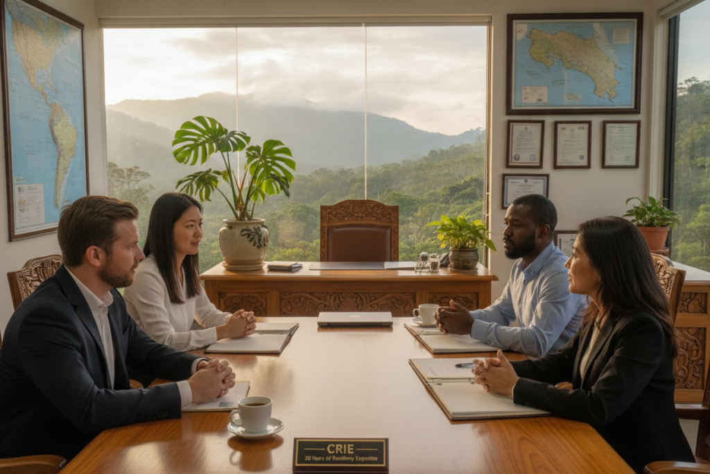A photorealistic image focusing on two decades of residency expertise in Costa Rica. In the foreground, a professional consultant in business attire interacts with a diverse group of individuals, representing various ethnicities, all engaged in a discussion. In the middle, a detailed office space showcases Costa Rican motifs, such as tropical plants and wooden furniture, while maps and immigration documents are visible. In the background, large windows reveal a vibrant view of Costa Rica's lush greenery and mountains under soft, natural lighting, creating an inviting atmosphere. The composition emphasizes professionalism and trust, capturing the essence of CRIE’s longstanding commitment to helping residents. Use a slight angle to give depth and dimension, ensuring a warm and informative mood throughout the image.