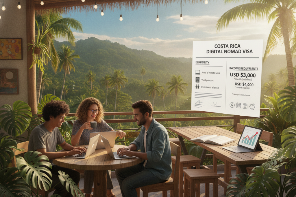 A photorealistic image illustrating the eligibility and income requirements for remote workers in Costa Rica. In the foreground, a casually dressed multicultural group of remote workers, working on laptops at a vibrant outdoor café surrounded by tropical plants. The middle features a charming wooden table with documents outlining income requirements and eligibility criteria, including financial figures and icons of remote work tools. In the background, a serene Costa Rican landscape with palm trees and rolling hills bathed in natural sunlight, creating a warm and inviting atmosphere. The scene captures a productive yet relaxed vibe, showcasing the lifestyle of remote workers in this beautiful country. Soft, natural light emphasizes the vibrant colors of the setting, creating an inspiring and informative image.