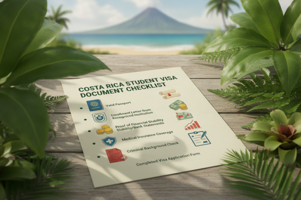 A photorealistic image of a Costa Rica Student Visa Document Checklist laid out on a wooden table. In the foreground, the checklist appears clearly with various important items like passport, enrollment letter, and financial statements, represented as detailed illustrations or icons. The middle section features lush green foliage native to Costa Rica, creating a vibrant backdrop. Soft, natural lighting illuminates the scene, giving it a warm and inviting atmosphere. In the background, there’s a glimpse of iconic Costa Rican scenery, such as a volcano or tropical beach, subtly blurred to focus on the checklist. This composition evokes a sense of organization that’s essential for students preparing for their journey.