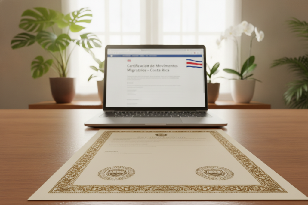 A photorealistic image of a Costa Rica immigration record certification document, prominently displayed on a polished wooden desk. The foreground features the certification, showcasing its ornate borders and official seals. In the middle ground, a laptop is open with a webpage displaying information about the certification process, with the Costa Rican flag subtly visible on the screen. In the background, soft natural light filters through a window adorned with potted tropical plants, creating a warm and inviting atmosphere. The overall mood is serene and professional, perfect for illustrating the process of obtaining immigration documents. The scene is free of any text, logos, or watermarks, focusing solely on the certification and its context in a Costa Rican setting.