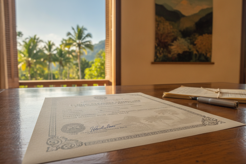 A photorealistic image of a "Police Clearance Certificate for Residency Application" displayed on a wooden desk, with lush green tropical plants and a clear blue sky visible through an open window in the background. The certificate is a formal document featuring official elements such as a seal, signature, and a watermark, with a muted background pattern of Costa Rican landscapes subtly showing them on a wall behind the desk. Natural light filters in, creating a warm and inviting atmosphere. The foreground focuses on the certificate, emphasizing its details and importance, while the middle ground showcases office supplies like a pen and a small stack of papers, and the background enhances the Costa Rican ambiance without distractions. No text or branding should be present.