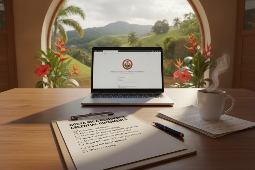A photorealistic image of an essential documents checklist for switching residency in Costa Rica. In the foreground, display a neatly organized wooden desk with a checklist on a clipboard featuring various documents such as passports, marriage certificates, and bank statements. In the middle ground, include a laptop open to a Costa Rican government website with a soft glow from the screen. The background showcases a vibrant Costa Rican landscape, lush green hills and tropical flowers visible through a window, resembling a tranquil home office setting. Use natural lighting to create a warm, inviting atmosphere. Capture the scene from a slightly elevated angle to provide depth, making it feel approachable yet professional.
