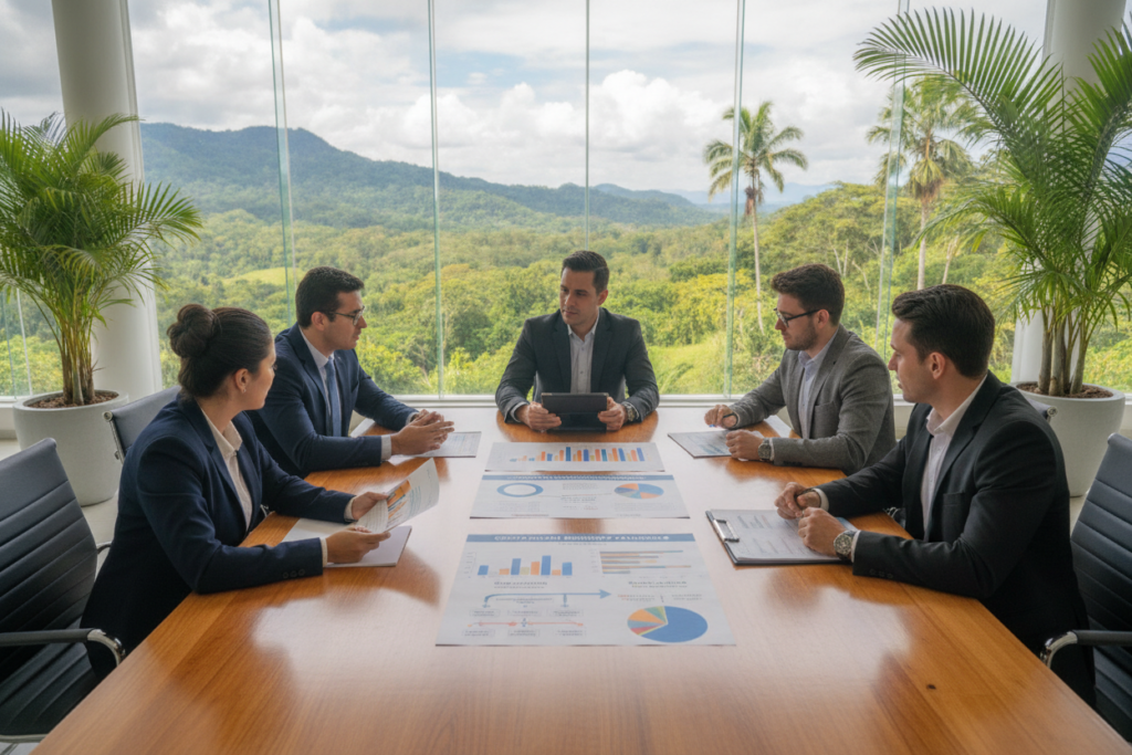 A photorealistic image showcasing a Costa Rican scene focused on understanding residency categories. In the foreground, a diverse group of individuals in professional business attire are collaboratively reviewing colorful charts and documents depicting the various residency categories and financial thresholds. In the middle ground, a vibrant office space with tropical plants and large windows allowing natural light to illuminate the scene, creating a welcoming atmosphere. The background features an expansive view of lush Costa Rican landscapes, including rolling hills and palm trees, symbolizing the connection to the country. The image conveys a mood of collaboration and clarity, emphasizing the importance of understanding residency options within the stunning context of Costa Rica.