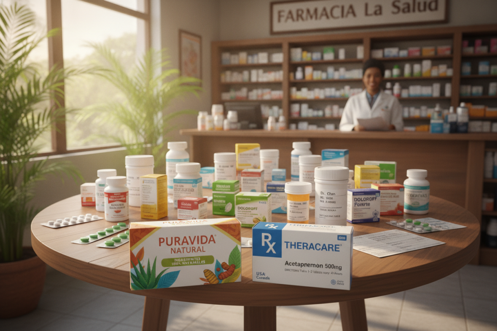 A photorealistic image showcasing the differences in medication packaging and labeling between Costa Rica and the USA/Canada. In the foreground, two distinct medication packages: one from Costa Rica featuring vibrant colors and clear, easily identifiable natural ingredients, and another from the USA/Canada with a more clinical, minimalist design emphasizing pharmaceutical branding. In the middle ground, a round table is displayed with various prescription bottles and boxes from both regions, arranged side by side for comparison. The background features a subtle Costa Rican pharmacy scene with lush greenery visible through a window, highlighting a warm, inviting atmosphere with natural light filtering in. The mood conveys curiosity and clarity, emphasizing the importance of understanding packaging differences.