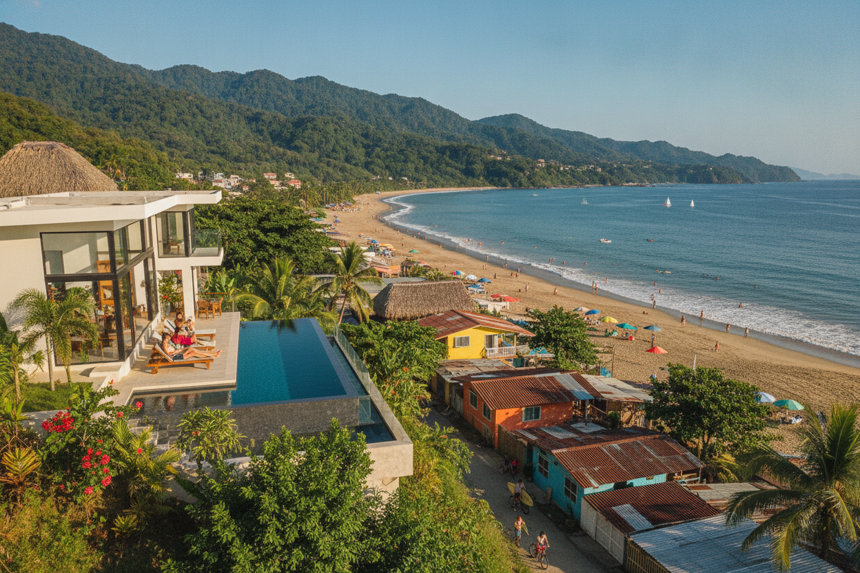 Vibrant Costa Rican beach town bustling with tourists