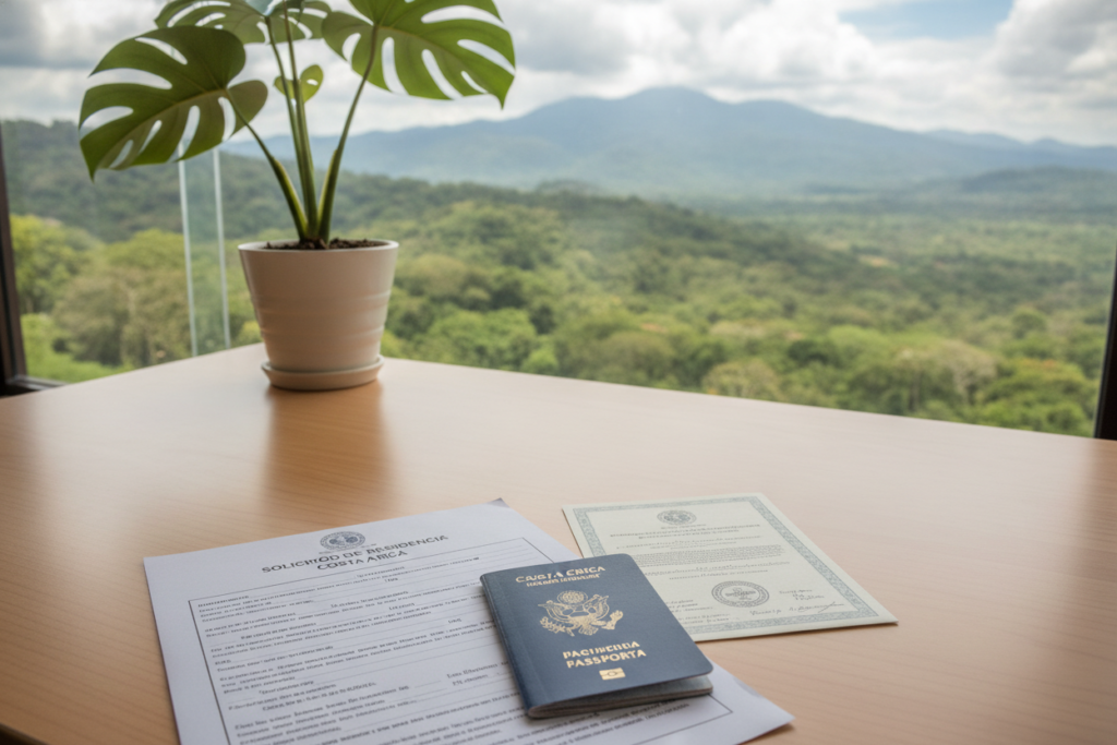 A photorealistic office environment focusing on Costa Rica immigration documentation. In the foreground, a neatly arranged desk filled with essential paperwork: an immigration application form, a passport, and a birth certificate, illuminated by soft, natural light from a nearby window. The middle ground features a potted plant, symbolizing Costa Rican flora, enhancing the tropical atmosphere. In the background, a blurred view of a serene Costa Rican landscape with lush greenery and distant mountains creates a vibrant backdrop. The mood is calm and professional, evoking a sense of clarity and organization, suitable for individuals seeking information about immigration status without any distractions. The image must be free of text overlays, ensuring a clean and focused illustration.