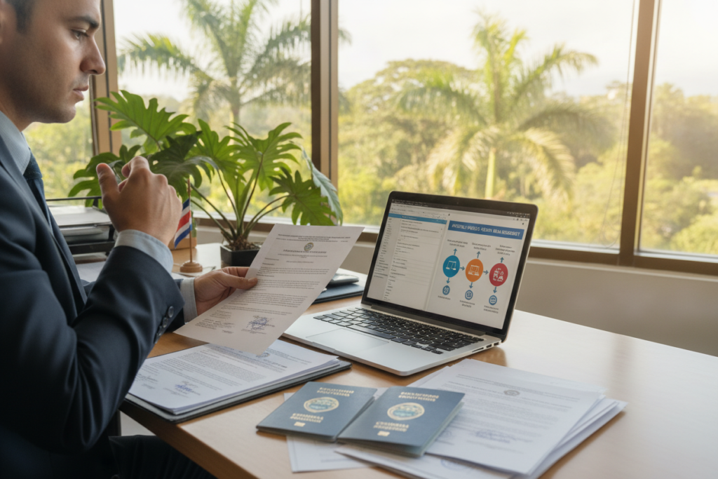 A photorealistic office setting in Costa Rica, showcasing a well-organized desk with a stack of Costa Rican documents neatly arranged, including passports and certificates. In the foreground, a professional individual wearing business attire is carefully examining one of the documents, with a thoughtful expression. The middle ground features a detailed, open laptop displaying relevant legal resources, while an infographic about the Apostille process is partially visible on the screen. In the background, large windows allow natural light to illuminate the space, highlighting lush tropical greenery outside, signifying the vibrant atmosphere of Costa Rica. The overall mood is focused and informative, emphasizing the importance of understanding the Apostille process for residency purposes. The image is captured with a warm tone, using a shallow depth of field to ensure clarity on the documents and the individual.