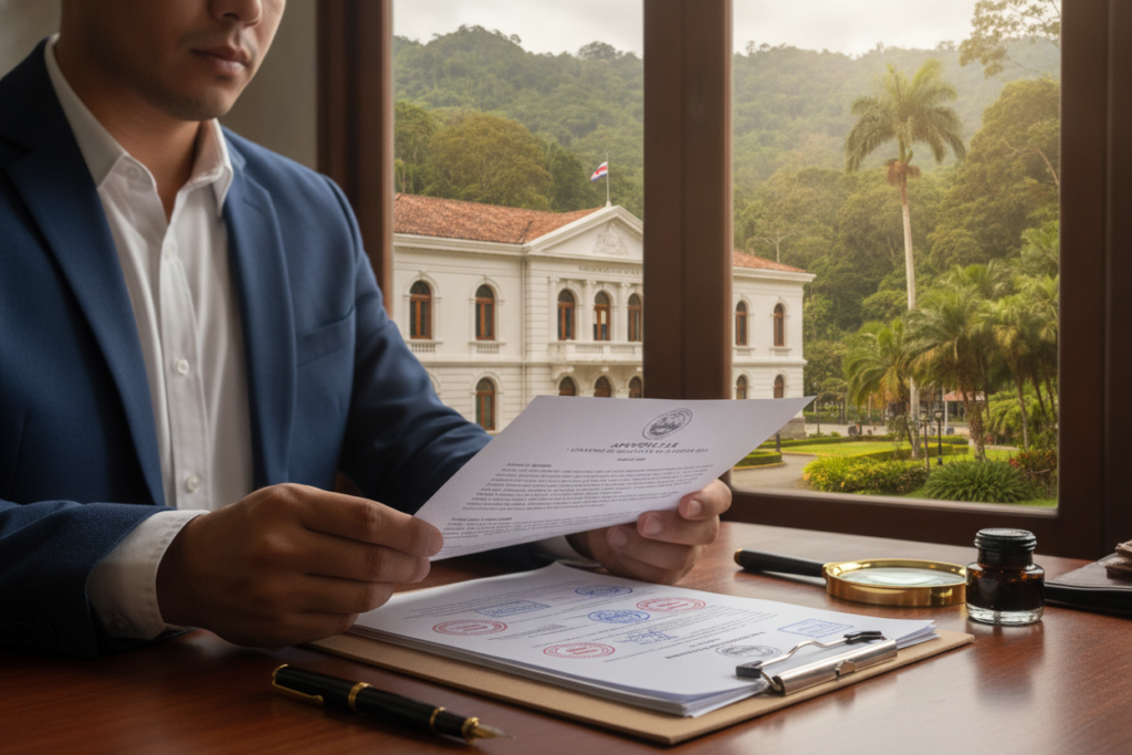 A photorealistic representation of the apostille process for Costa Rica residency documents. In the foreground, a professional individual, dressed in business attire, is carefully examining a document on a wooden desk adorned with official stamps and seals. In the middle ground, a Costa Rican government building, showcasing elegant architecture, is visible, symbolizing the legal authority behind document authentication. In the background, lush green tropical foliage provides a serene Costa Rican landscape, while soft, natural daylight filters through the scene, casting gentle shadows that evoke a sense of trust and professionalism. The atmosphere is calm and supportive, emphasizing the importance of simplification in the document authentication process.