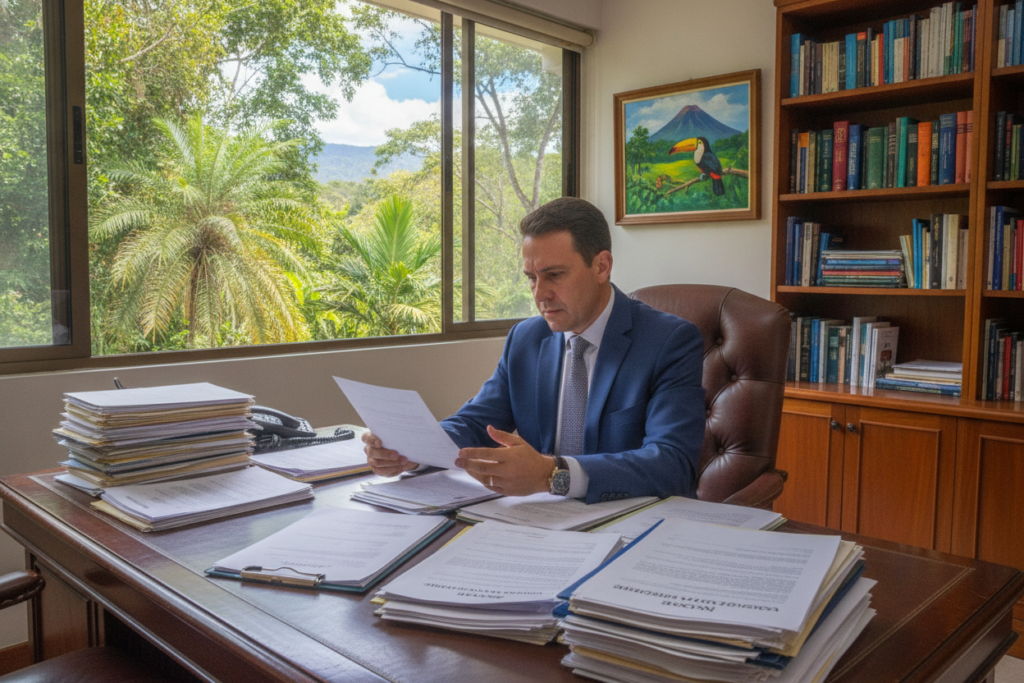 A photorealistic scene depicting a Costa Rican financial office, focusing on an elegant wooden desk cluttered with financial documents, including proof of income and bank statements. In the foreground, a well-dressed professional in business attire is reviewing these documents, with a thoughtful expression. In the middle ground, a large window shows a view of lush green Costa Rican foliage and tropical plants, softly lit by natural sunlight, enhancing the sense of tranquility. The background includes a stylish bookshelf filled with financial literature and a colorful Costa Rican landscape painting. The overall mood is one of professionalism and serenity, emphasizing the importance of financial verification in the residency process.