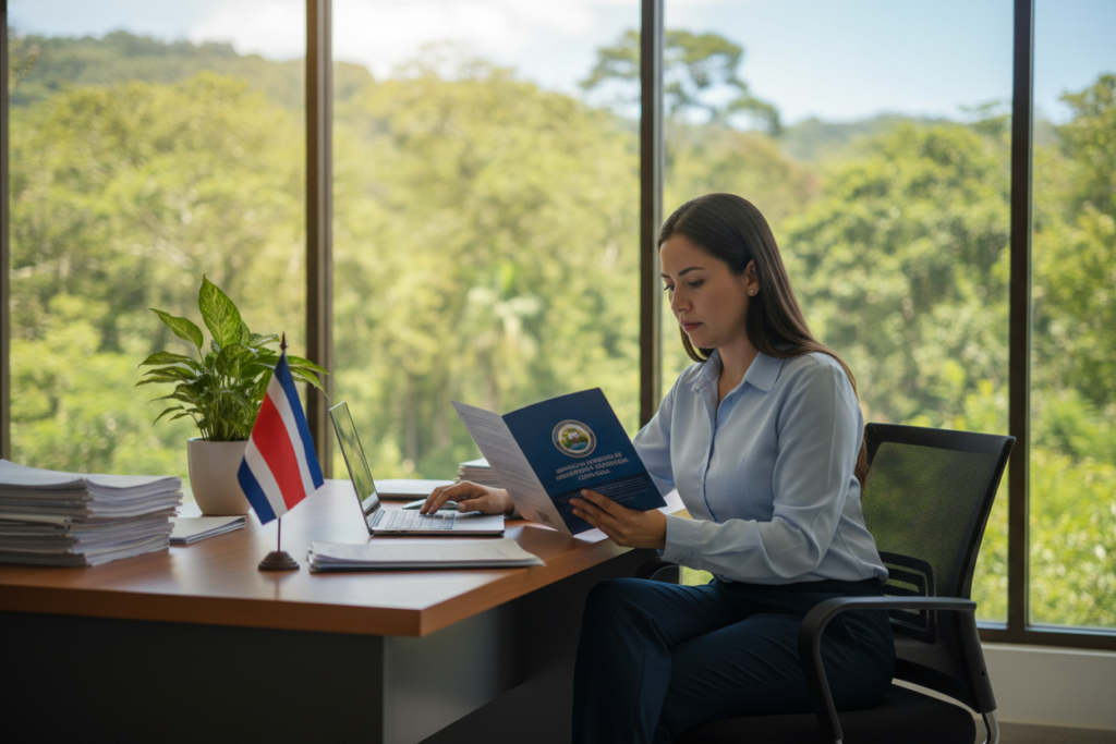 A photorealistic scene depicting a Costa Rican office environment where a professional woman is sitting at a desk reviewing documents related to immigration compliance. In the foreground, focus on the woman in modest business casual attire, with a look of concentration as she examines a Costa Rican immigration brochure. The middle layer includes a traditional wooden desk adorned with a laptop, stacks of papers, a Costa Rican flag, and a plant, conveying a productive atmosphere. In the background, large windows reveal lush green trees and a clear blue sky, showcasing Costa Rica's natural beauty under bright natural light. The mood is focused and diligent, emphasizing the importance of maintaining compliance with immigration rules in a vibrant setting.
