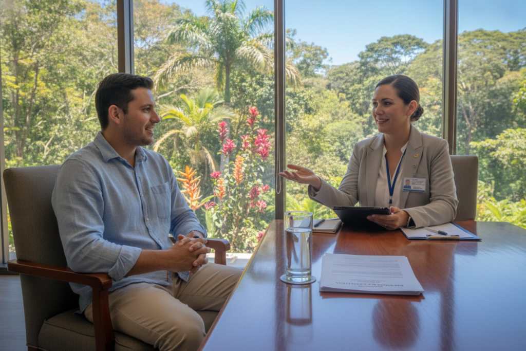 A photorealistic scene depicting a Costa Rican residency interview setting. In the foreground, a professional interview table made of rich, dark wood, with a few essential documents neatly stacked. A clear glass of water sits nearby, reflecting the soft natural light. In the middle, a casually dressed interviewee, wearing a relaxed but neat outfit, sits comfortably, looking engaged and attentive. Across from them, a friendly immigration officer in professional attire, smiling warmly, creates a welcoming atmosphere. In the background, a lush Costa Rican landscape is visible through a large window, showcasing vibrant green foliage and bright flowers under a clear blue sky. The scene captures the essence of a calm yet important interview, highlighting the key considerations in a serene setting. A photorealistic scene depicting a Costa Rican residency interview setting. In the foreground, a professional interview table made of rich, dark wood, with a few essential documents neatly stacked. A clear glass of water sits nearby, reflecting the soft natural light. In the middle, a casually dressed interviewee, wearing a relaxed but neat outfit, sits comfortably, looking engaged and attentive. Across from them, a friendly immigration officer in professional attire, smiling warmly, creates a welcoming atmosphere. In the background, a lush Costa Rican landscape is visible through a large window, showcasing vibrant green foliage and bright flowers under a clear blue sky. The scene captures the essence of a calm yet important interview, highlighting the key considerations in a serene setting.