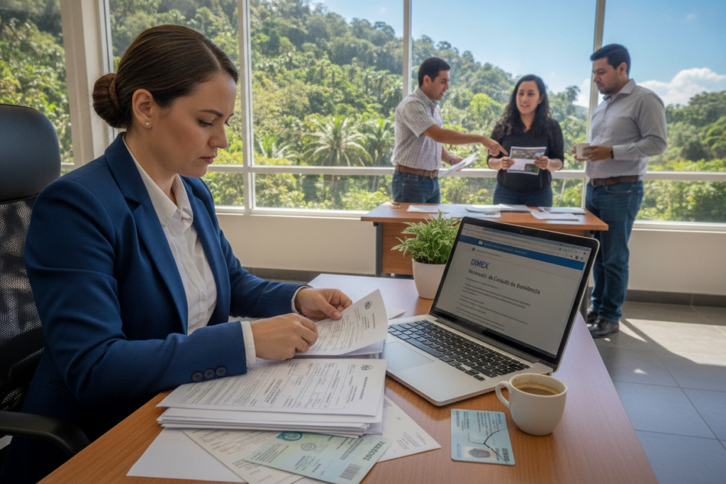 A photorealistic scene depicting a busy Costa Rican office environment where an individual is preparing to replace a damaged DIMEX card. In the foreground, a focused person in professional attire is organizing essential documents like identification and forms on a desk, with a laptop open displaying the official DIMEX website. In the middle ground, a small group of people are discussing and reviewing materials related to the card replacement process. The background features a window revealing the vibrant Costa Rican landscape, with lush greenery and clear blue skies, highlighting the natural light streaming into the office. The atmosphere is one of determination and readiness, capturing the importance of being well-prepared for a smooth replacement process.
