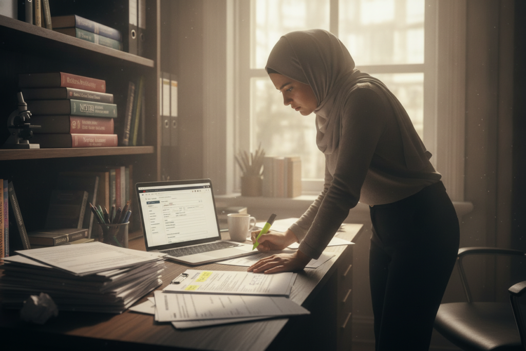 A photorealistic scene depicting a cluttered desk in an office with clear documentation for a residency application. In the foreground, there are neatly organized papers, a checklist, and a laptop open to a detailed application form. Beside the desk, a person dressed in modest casual clothing is reviewing documents with focused determination, showcasing a serious attitude towards the application process. In the middle ground, shelves filled with medical textbooks and stationery enhance the scholarly atmosphere. The background features a window with soft natural light filtering in, casting a warm glow over the workspace. The mood is one of professionalism and dedication, capturing the essence of meticulous preparation to avoid rejection in residency applications. A photorealistic scene depicting a cluttered desk in an office with clear documentation for a residency application. In the foreground, there are neatly organized papers, a checklist, and a laptop open to a detailed application form. Beside the desk, a person dressed in modest casual clothing is reviewing documents with focused determination, showcasing a serious attitude towards the application process. In the middle ground, shelves filled with medical textbooks and stationery enhance the scholarly atmosphere. The background features a window with soft natural light filtering in, casting a warm glow over the workspace. The mood is one of professionalism and dedication, capturing the essence of meticulous preparation to avoid rejection in residency applications.