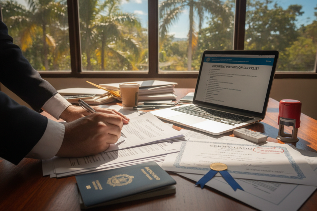 A photorealistic scene depicting a cluttered workspace set against a vibrant Costa Rican backdrop, with documents and forms spread out on a wooden desk. In the foreground, a pair of hands carefully triples check application papers, clad in formal business attire. In the middle, an open laptop displays a checklist titled "Document Preparation" alongside various stamps and an Apostille certificate, emphasizing the theme of organization and attention to detail. The background showcases lush green trees and a clear blue sky, with natural sunlight filtering through, creating a warm, inviting atmosphere. Emphasize a sense of professionalism and focus, illustrating the importance of avoiding common mistakes in preparing documents for residency in Costa Rica.