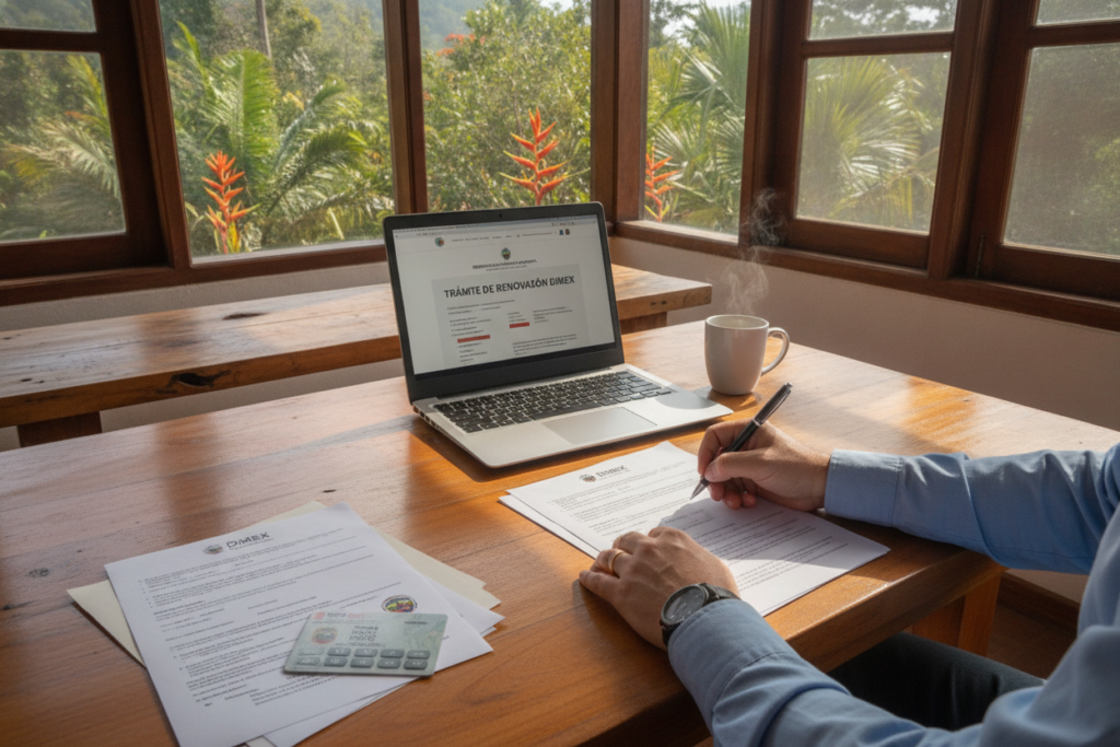 A photorealistic scene depicting a cozy and organized home office setting in Costa Rica, focused on the DIMEX renewal process. In the foreground, a neatly arranged desk with essential documents such as forms, a Costa Rican DIMEX card, and a calculator; a pair of hands holding a pen poised to write, dressed in smart casual attire. In the middle, there’s a rustic wooden table adorned with a laptop displaying government websites, alongside a cup of coffee. The background showcases a large window with lush green Costa Rican foliage visible, letting in natural light, creating a warm and welcoming atmosphere. Soft shadows enhance the sense of depth, while the overall mood is focused yet relaxed, reflecting the diligence required for the renewal process.