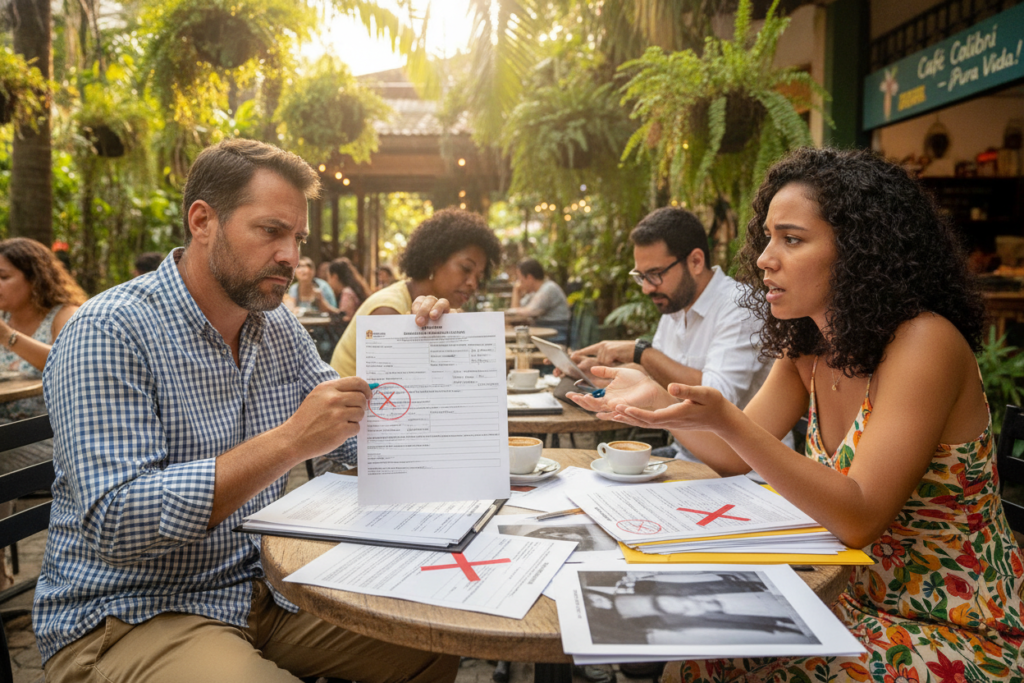 A photorealistic scene depicting a diverse group of individuals at an outdoor café in Costa Rica, deeply engaged in discussions about immigration application processes. In the foreground, a middle-aged man, casually dressed in a checkered shirt, browses through paperwork, showcasing common mistakes with visible confusion. Beside him, a young woman in a floral dress gestures, emphasizing her points. The middle ground features a table strewn with immigration forms, highlighting errors like missing signatures and incorrect document copies. The background reveals lush tropical greenery and the vibrant ambiance of the café. Soft natural sunlight bathes the scene, creating an inviting atmosphere. The overall mood is one of contemplation and determination, illustrating the challenges faced during the immigration application process. A photorealistic scene depicting a diverse group of individuals at an outdoor café in Costa Rica, deeply engaged in discussions about immigration application processes. In the foreground, a middle-aged man, casually dressed in a checkered shirt, browses through paperwork, showcasing common mistakes with visible confusion. Beside him, a young woman in a floral dress gestures, emphasizing her points. The middle ground features a table strewn with immigration forms, highlighting errors like missing signatures and incorrect document copies. The background reveals lush tropical greenery and the vibrant ambiance of the café. Soft natural sunlight bathes the scene, creating an inviting atmosphere. The overall mood is one of contemplation and determination, illustrating the challenges faced during the immigration application process.