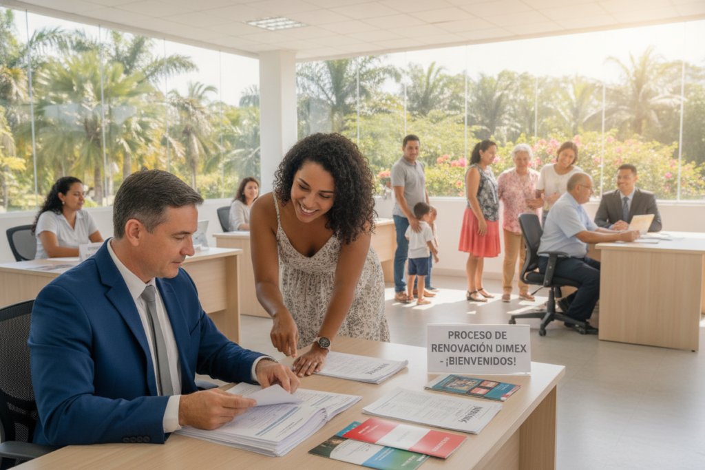 A photorealistic scene depicting a diverse group of individuals engaged in the DIMEX renewal process in Costa Rica. In the foreground, a middle-aged professional in business attire reviews documents with a smiling woman in casual clothing, both appearing attentive and engaged. The middle of the image shows a bright, airy office space with government forms and information pamphlets about the DIMEX process scattered on a desk, reflecting a welcoming environment. In the background, large windows reveal lush tropical greenery typical of Costa Rica, with soft, natural light illuminating the scene. The atmosphere is one of optimism and collaboration, capturing real-world experiences of the renewal process in a friendly and approachable manner.