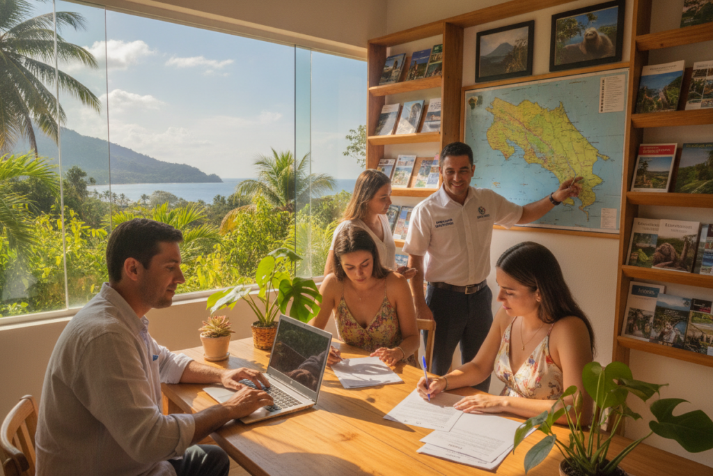 A photorealistic scene depicting a diverse group of individuals engaged in the application process for Costa Rican residency, set in a bright, inviting office space with large windows showcasing lush tropical plants and vibrant Costa Rican landscapes outside. In the foreground, a man in casual attire is reviewing documents on his laptop, while a woman is filling out forms at a table. In the middle ground, a friendly official is providing guidance to another individual, pointing at a colorful map of Costa Rica on the wall, emphasizing collaboration and assistance. The background features shelves filled with travel brochures and photos of Costa Rican landmarks. The lighting is warm and natural, creating an inviting atmosphere, emphasizing the theme of exploration and opportunity. A photorealistic scene depicting a diverse group of individuals engaged in the application process for Costa Rican residency, set in a bright, inviting office space with large windows showcasing lush tropical plants and vibrant Costa Rican landscapes outside. In the foreground, a man in casual attire is reviewing documents on his laptop, while a woman is filling out forms at a table. In the middle ground, a friendly official is providing guidance to another individual, pointing at a colorful map of Costa Rica on the wall, emphasizing collaboration and assistance. The background features shelves filled with travel brochures and photos of Costa Rican landmarks. The lighting is warm and natural, creating an inviting atmosphere, emphasizing the theme of exploration and opportunity.