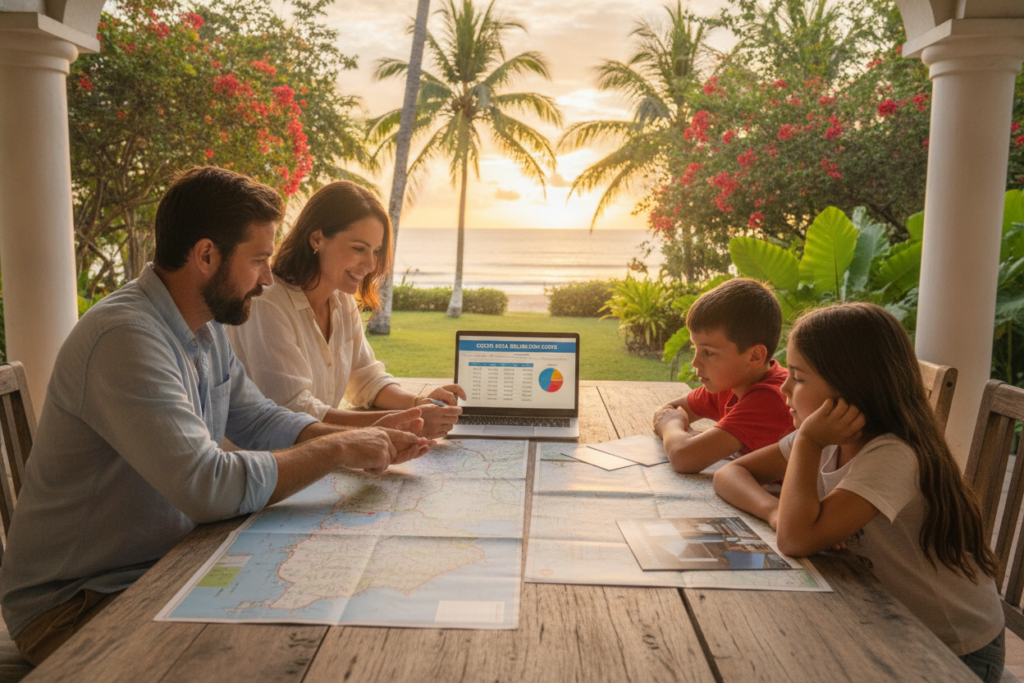 A photorealistic scene depicting a family of four—two adults and two children—engaged in decision-making about their relocation to Costa Rica. In the foreground, the family sits around a rustic wooden table covered with maps, local real estate listings, and a laptop displaying cost breakdowns. The parents are in smart casual clothing, while the children are dressed comfortably. In the middle ground, we see a lush green landscape characteristic of Costa Rica, with iconic palm trees and colorful tropical flowers, hinting at the beautiful environment they're considering. In the background, a warm sunset casts a golden hue over a distant beach, creating an inviting and optimistic atmosphere. The lighting is soft and natural, capturing the serene vibe of Costa Rica.