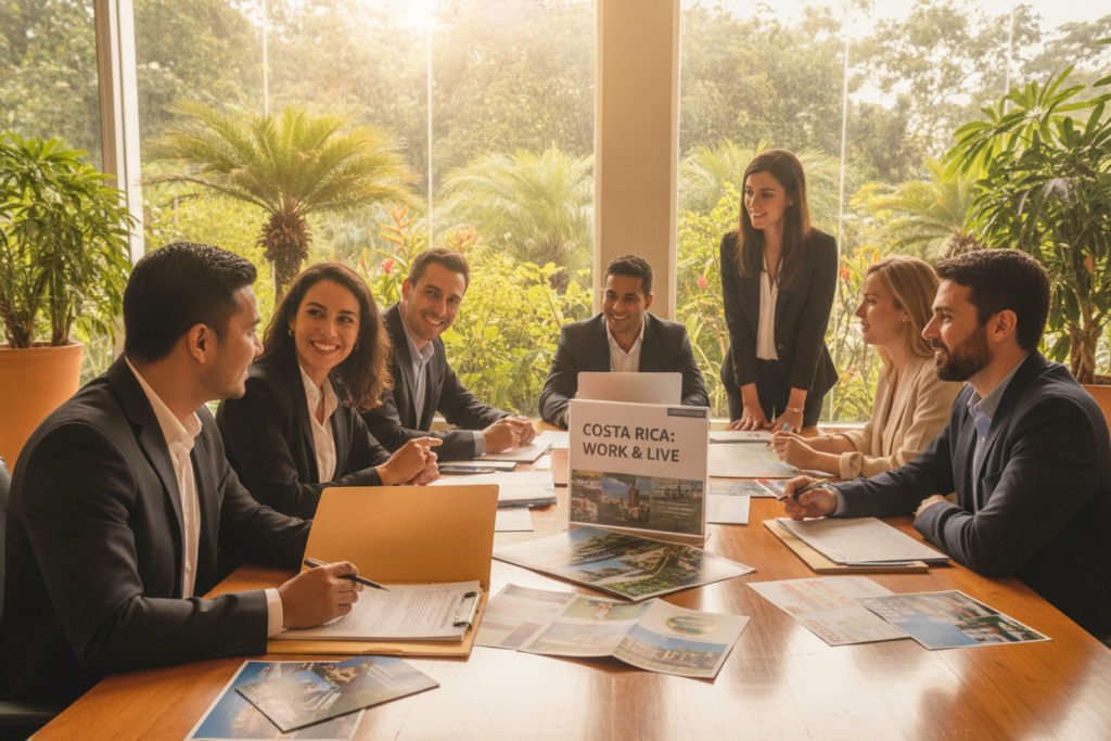 A photorealistic scene depicting a group of diverse individuals in a professional setting, discussing Costa Rica's employment authorization regulations for foreigners. In the foreground, a focused conversation takes place between two casually dressed individuals, one holding a folder with documents. The middle ground features a large table filled with brochures and maps of Costa Rica, symbolizing employment opportunities. The background showcases a bright office space with large windows allowing natural light to pour in, highlighting tropical plants typical of Costa Rica, such as ferns and palm trees. The atmosphere is collaborative and inviting, emphasizing key regulations and best practices for employment authorization, with warm colors and a relaxed vibe.
