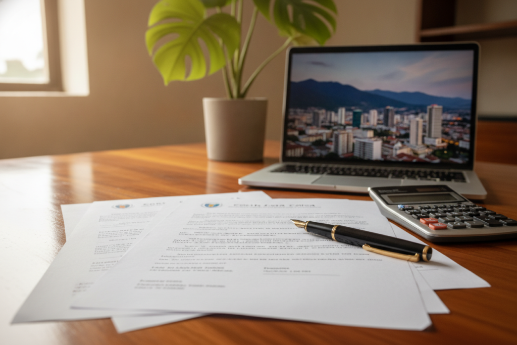 A photorealistic scene depicting a neatly arranged workspace showcasing the necessary documents for residency application in Costa Rica. In the foreground, a polished wooden desk holds a stack of official papers, including bank statements and proof of income letters, alongside a stylish fountain pen and a calculator. In the middle, a potted tropical plant adds a touch of greenery, while a laptop displays a Costa Rican skyline as the background emphasizes a warm, inviting atmosphere. The lighting is soft and natural, streaming in from a window, creating a sense of calm and professionalism. The mood is organized and focused, reflecting the importance of preparing essential documents. Capture this scene with a lens that highlights the textures and details, ensuring clarity and depth.