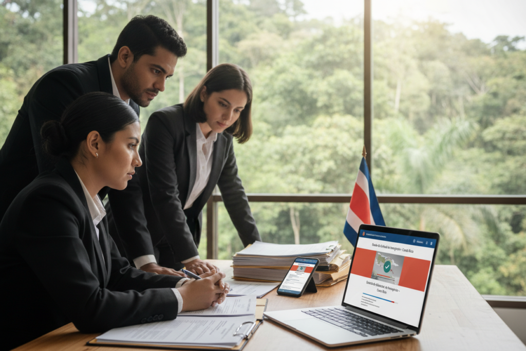 A photorealistic scene depicting a professional setting focused on tracking a Costa Rica immigration application. In the foreground, a diverse group of three individuals in business attire (two women and one man) are intently examining documents on a sleek laptop, with expressions of concentration and determination. In the middle ground, a desk cluttered with immigration papers, a smartphone showing a webpage, and a Costa Rican flag subtly placed, symbolizes the theme of tracking applications. The background features a large window with a view of lush Costa Rican greenery under natural sunlight, creating an inviting and optimistic atmosphere. Soft, diffused lighting enhances the professional yet approachable mood, with a narrow depth of field to keep the focus on the individuals and their task.