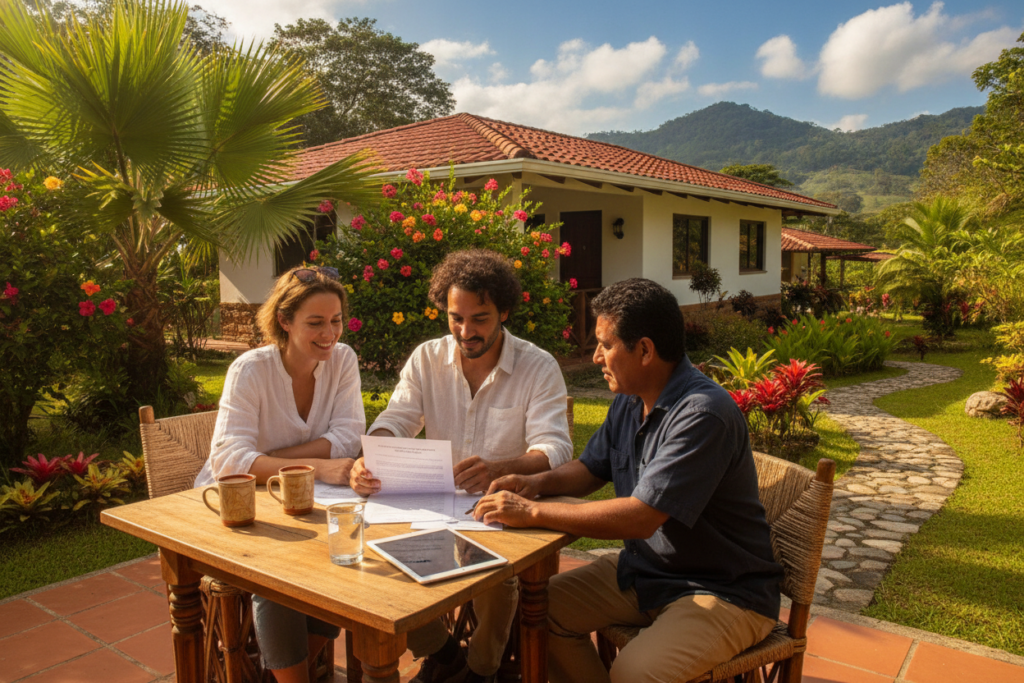 A photorealistic scene depicting a serene Costa Rican landscape, showcasing a peaceful residential area with vibrant tropical greenery and a charming bungalow surrounded by palm trees and colorful flowers. In the foreground, casually dressed individuals are discussing residency paperwork at a wooden table, with coffee cups and documents spread out before them, exuding a relaxed yet focused atmosphere. The middle ground features a lush garden area with native plants and flowers, while the background presents a distant view of green hills under bright blue skies. The lighting is warm and natural, capturing the essence of a sunny day in Costa Rica, creating a welcoming and informative mood that reflects the essence of maintaining residency status.